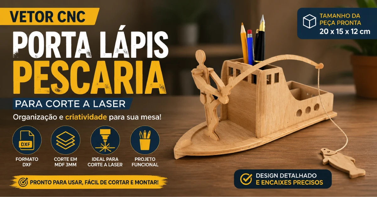 Vetor Cnc para Corte a Laser Porta Lápis Pescaria para Corte em MDF 3mm