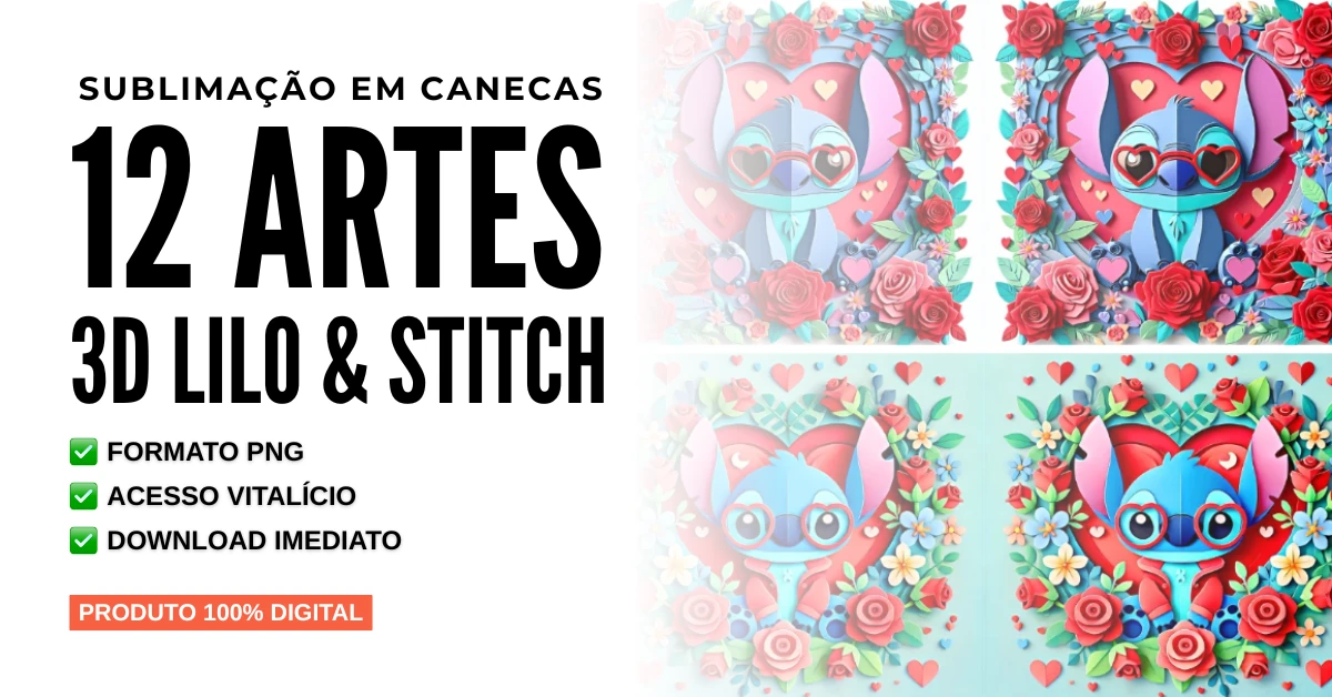 Sublimação em Canecas 12 Artes 3D Lilo & Stitch em PNG