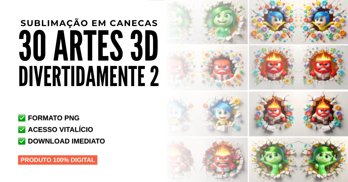 Sublimação em Canecas 30 Artes 3D Divertidamente 2 em PNG