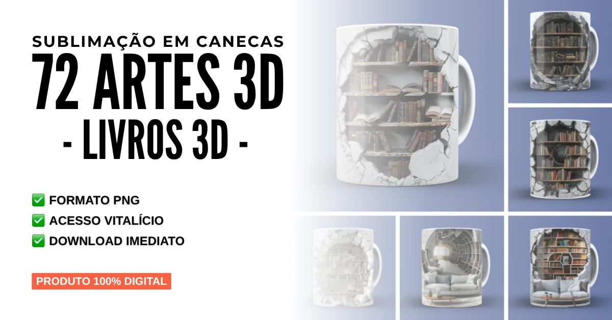 Sublimação em Canecas 72 Artes Livros 3D em PNG