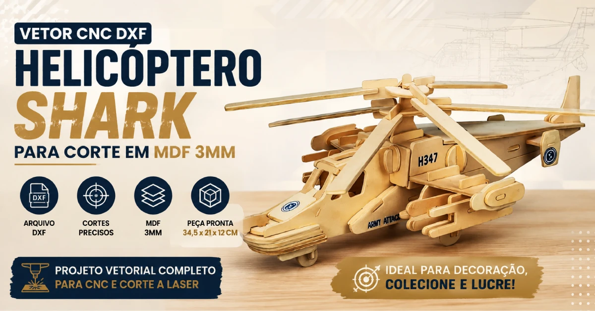 Vetor CNC DXF Helicóptero Shark Para Corte em MDF 3mm