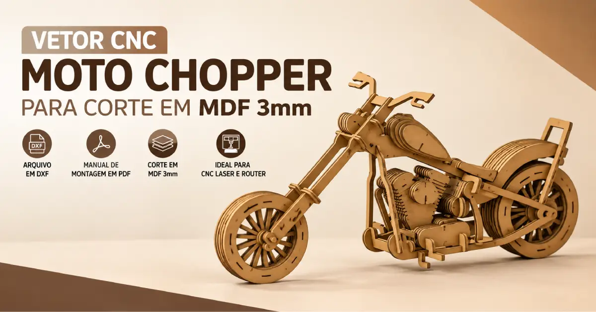 Vetor CNC Moto Chopper para Corte em MDF 3mm (DXF) | Projeto 3D