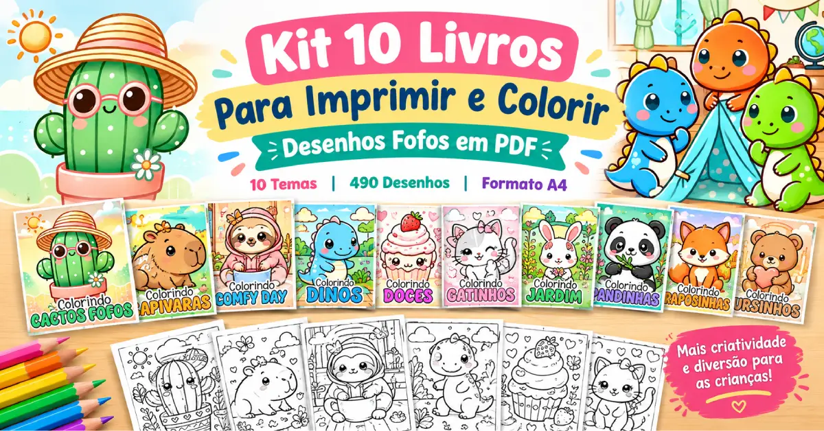 Kit 10 Livros Para Imprimir e Colorir Desenhos Fofos em PDF