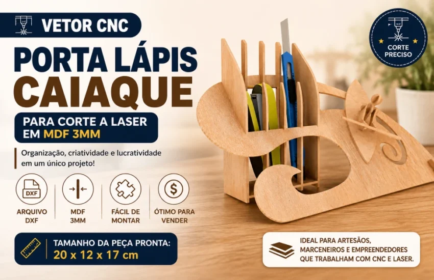 Vetor Cnc para Corte a Laser Porta Lápis Caiaque para Corte em MDF 3mm