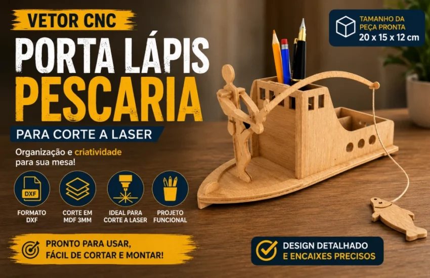 Vetor Cnc para Corte a Laser Porta Lápis Pescaria para Corte em MDF 3mm