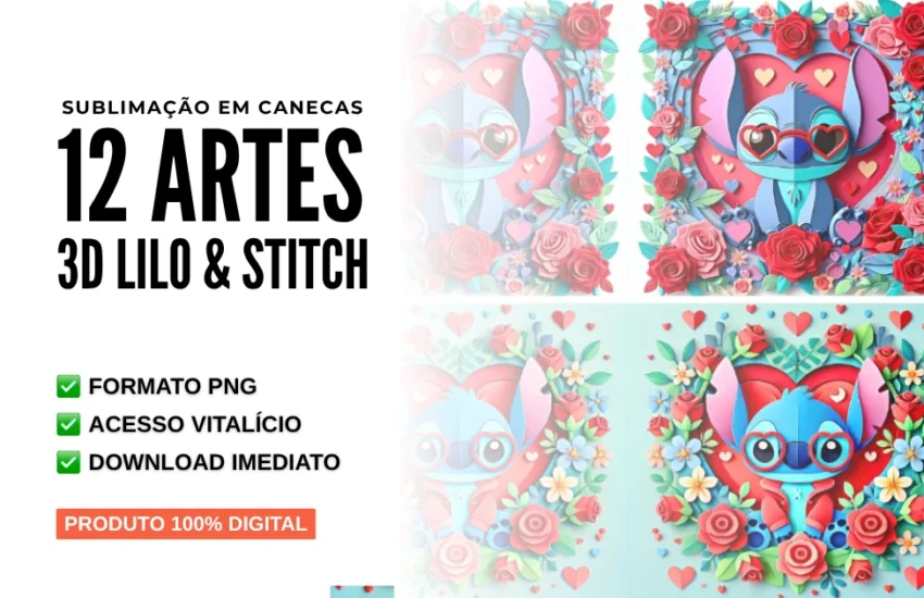 Sublimação em Canecas 12 Artes 3D Lilo & Stitch em PNG