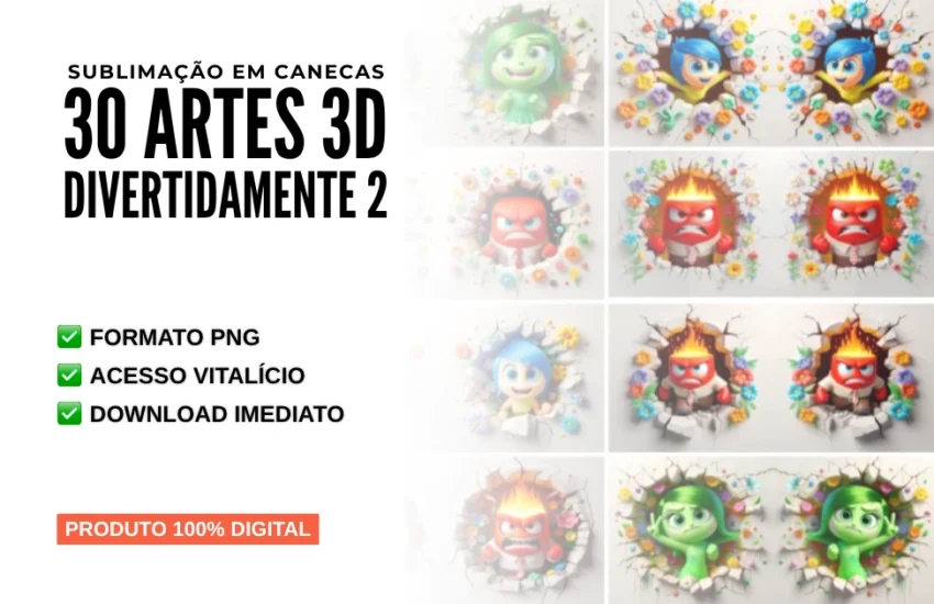Sublimação em Canecas 30 Artes 3D Divertidamente 2 em PNG