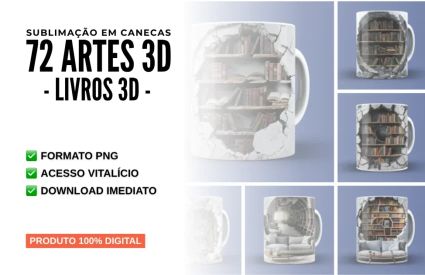 Sublimação em Canecas 72 Artes Livros 3D em PNG