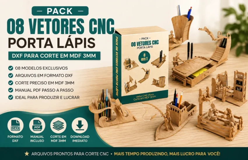 Pack 08 Vetores Cnc Porta Lápis DXF para Corte em MDF 3mm
