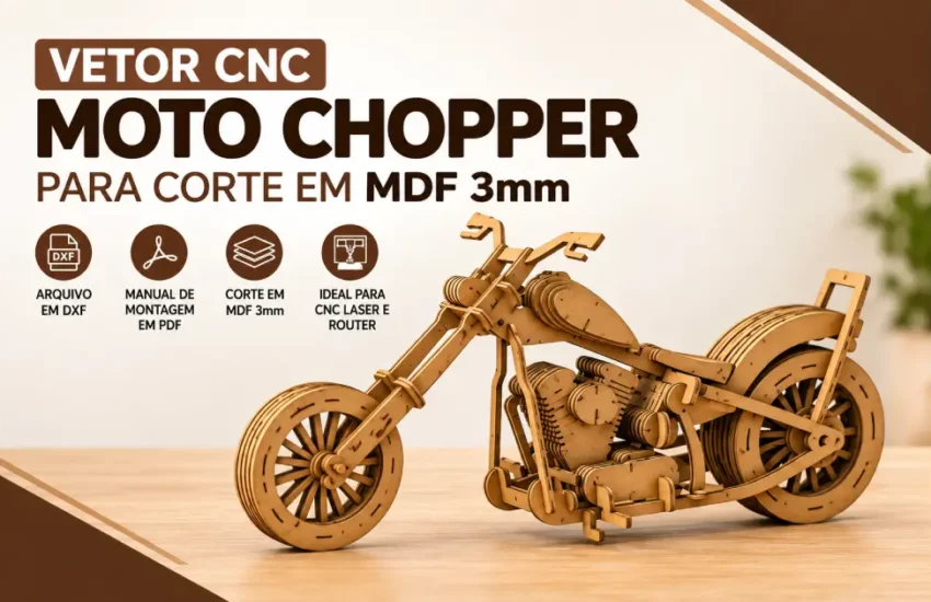 Vetor CNC Moto Chopper para Corte em MDF 3mm (DXF) | Projeto 3D