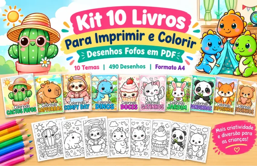 Kit 10 Livros Para Imprimir e Colorir Desenhos Fofos em PDF