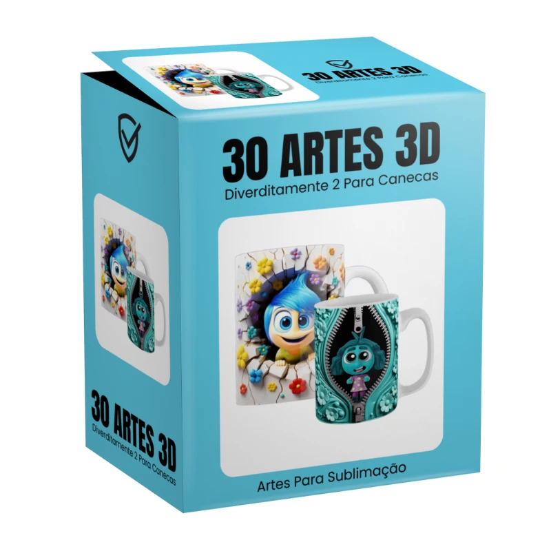 Imagem do pack com 30 artes 3D Divertidamente 2 em PNG para sublimação em canecas