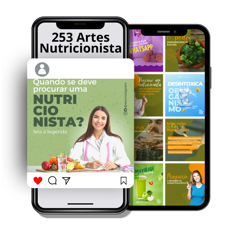 Pacote digital com 253 Artes Canva para Nutricionista, modelos 100% editáveis.
