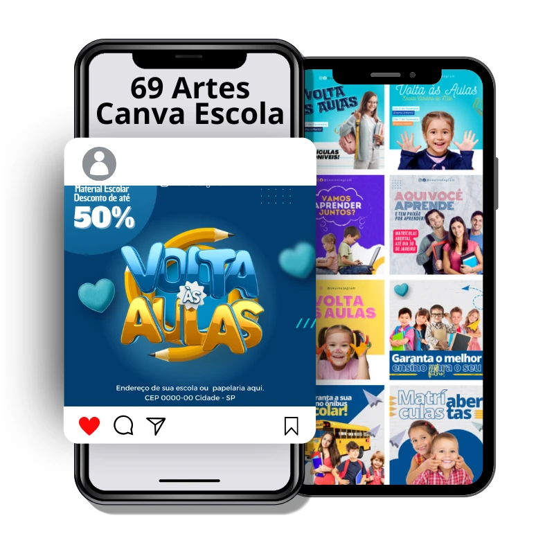 Pacote digital com 69 Artes Canva para Escola, modelos 100% editáveis.