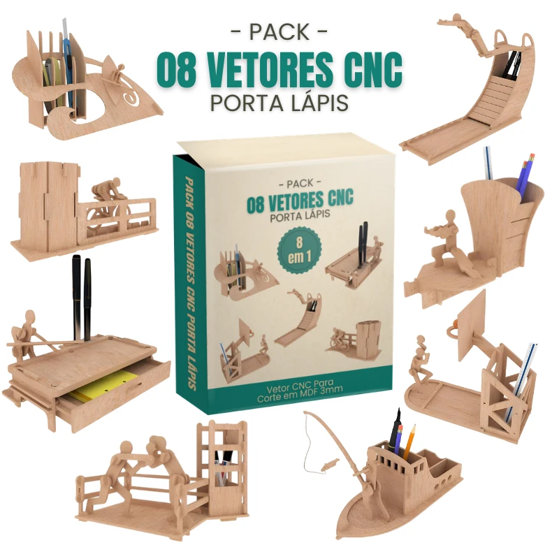 Pack 08 Vetores Cnc Porta Lápis Para Corte a Laser e Router