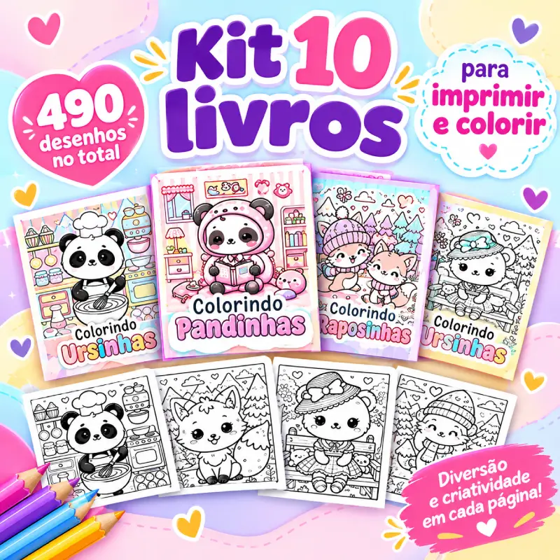 Kit 10 Livros Para Imprimir e Colorir Desenhos Fofos em PDF